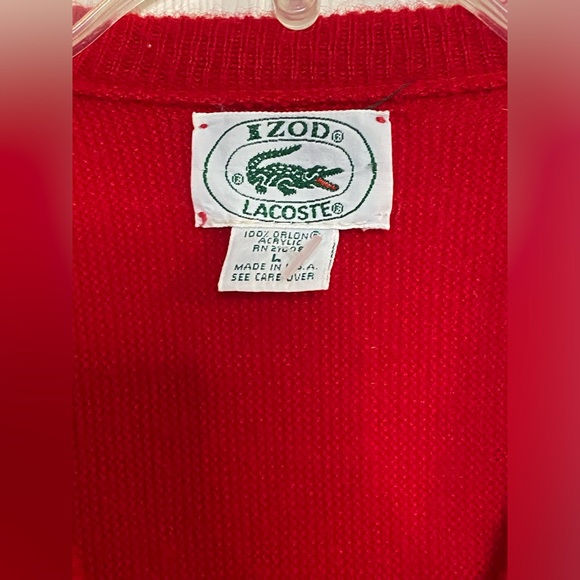 Vtg 80s Izod Lacoste Red V-Neck Acrylic Sweater Crocodile Alligator Logo USA L - Picture 2 of 3